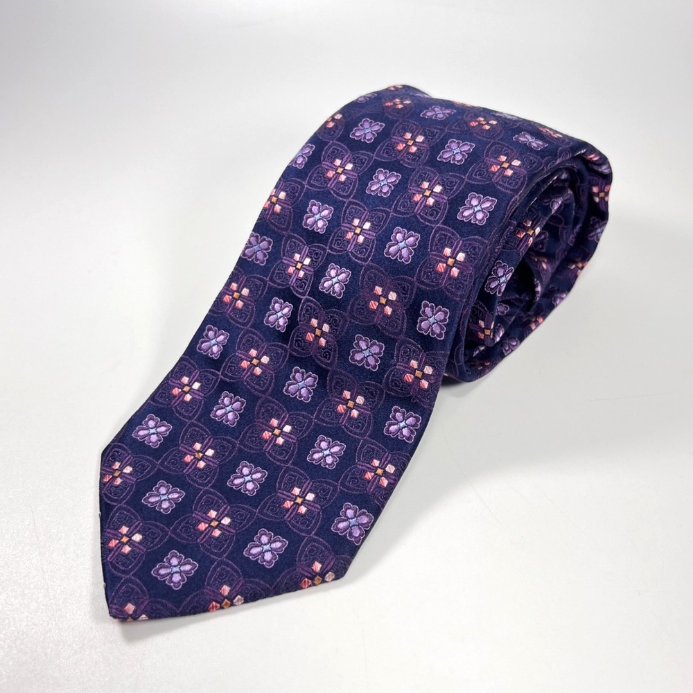 Ike Behar Mens Luxury Tie Blue & Purple-Pink Geometric Design 100% Silk NYC
